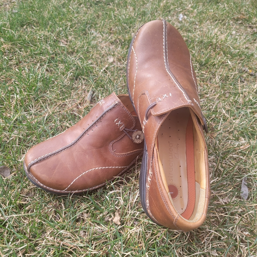 Clarks Womens UnStructured Loop Slide 8.5 Leather Loafers Comfort Shoes cottage